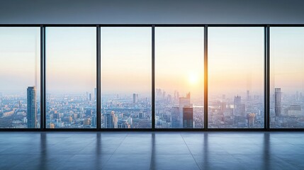 Fototapeta premium Panoramic sunset cityscape view from modern, large windowed office space