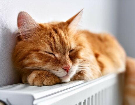 ginger cat is sleeping in funny pose fluffy red cat on warm radiator against white wall banner for website relax calm and peace for animal pet cat heating