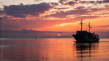 Fototapeta premium Silhouetted ship sails serenely across calm waters at sunset, fiery sky ablaze with vibrant hues, creating a breathtaking seascape of tranquility and awe.