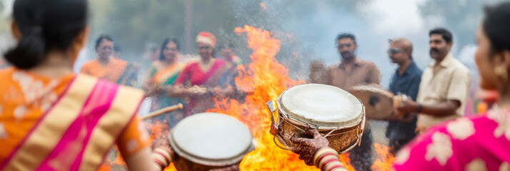 Indian people playing drums by fire during Holika Dahan celebration