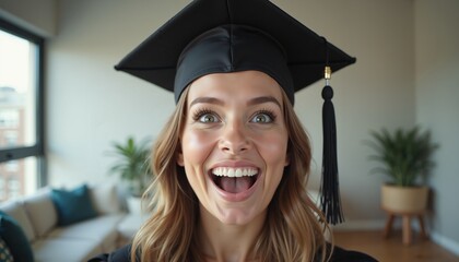Excited graduate woman in cap indoors celebrating success, educational achievement concept