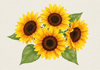 Vibrant Summer Bouquet of Sunflowers A Delightful Cluster of Yellow Sunflowers with Lush Green Leaves  Botanical Illustration