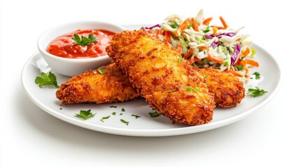 Crispy fried chicken tenders delight with creamy coleslaw and spicy tomato dip culinary bliss