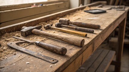 Aged Carpentry Tools Resting on a Dusty Workbench, Whispers of Craftsmanship and Time-Honored Skills. A Testament to Dedication and Hard Work.