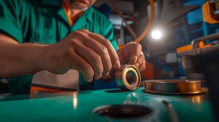 Precision engineering: male technician examines synchronizer ring with focused care in industrial workshop