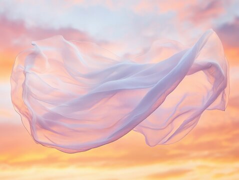 A white sheet of fabric is floating in the air above a beautiful sunset