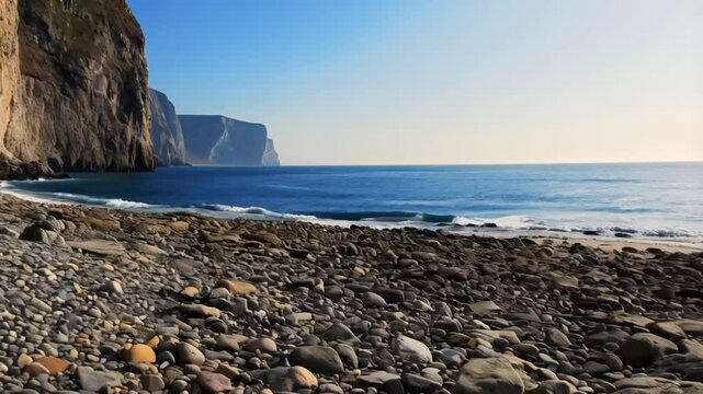 Scenic Rocky Beach with Cliffs and Calm Ocean Waves slow motion