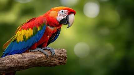 Obraz premium Vibrant Scarlet Macaw perched on tree branch with blurred green background in natural habitat