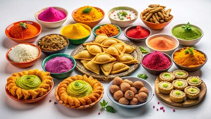 Fototapeta premium Assorted Indian Festive Snacks: Gujiya, Murukku, Chakli, Mathri, Karanji, Namkeen, & Rose Rabdi on White