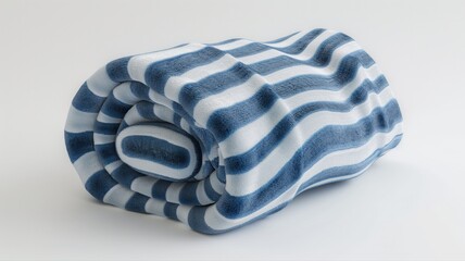 striped beach towel, neatly rolled on a white background