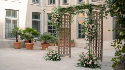 Naklejka premium Elegant Wedding Ceremony Archway Adorned with Delicate Peach Roses and Lush Greenery in a Picturesque Courtyard Setting
