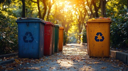 Obraz premium Promoting responsible waste management, four colorful recycling bins stand along a sunlit, tree lined street.
