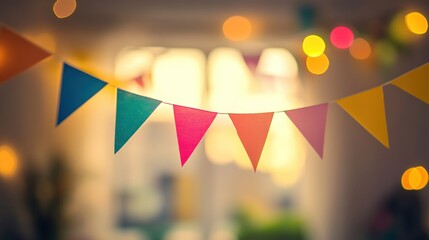 Festive bunting with colorful triangles hangs against a blurred background of warm lights