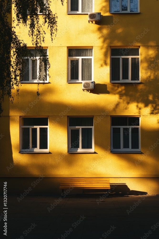Poster a simple bench sits in front of a bright yellow building
