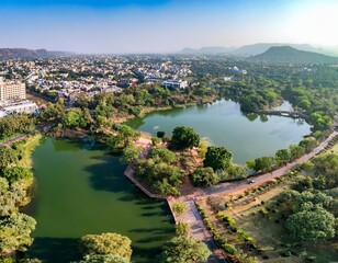 Fototapeta premium aerial view of the scenic lakes and greenery in bhopal city