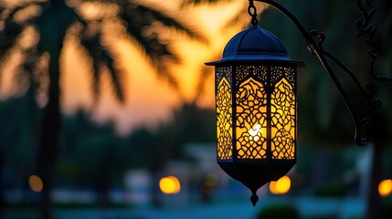 Ornate hanging lantern glows warmly at sunset, casting intricate shadows