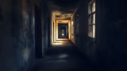 Ominous Abandoned House with Haunting Hallway Shadows
