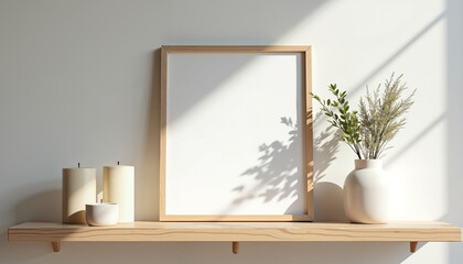 Minimalist blank picture frame with candles and plants in serene sunlight, home decor concept
