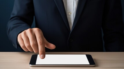 Financial Inclusion financial literacy concept. Businessman interacting with a smartphone on a desk.