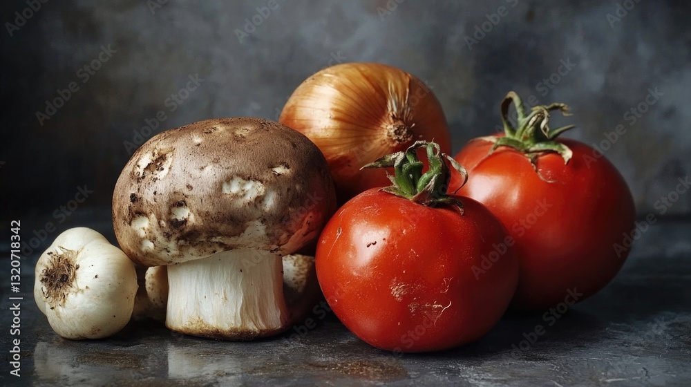Poster a still life image of various vegetables arranged on a table