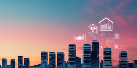 Financial Inclusion financial literacy concept. Urban skyline with digital connectivity icons at sunset.