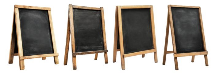 Set of blank chalkboards with wooden frames, isolated on transparent cutout background