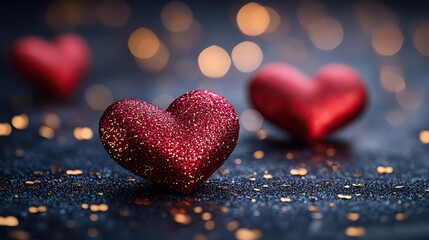Fototapeta premium Red hearts and gold confetti are arranged on a dark background, for romance.
