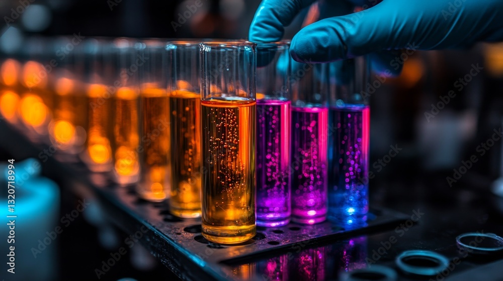 Poster test tubes filled with vibrant liquids are carefully handled in a manufacturing laboratory, highligh