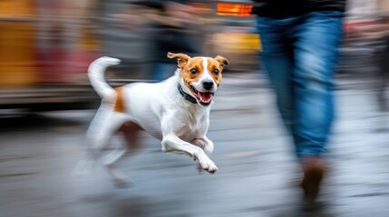 A happy dog joyfully bounds across a city street, blurred background emphasizing speed and movement