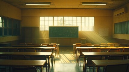 Sunlit classroom with rows of desks, chalkboard, and large windows