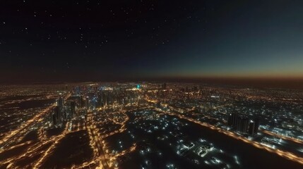 Night cityscape panorama, vast urban sprawl illuminated under a starry sky