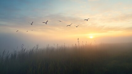 Obraz premium Serene sunrise over misty field with birds in flight