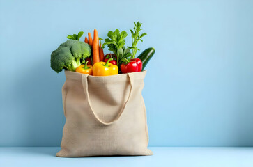Eco-Friendly Tote Bag Filled with Fresh Vegetables Against a Minimalist Blue Background