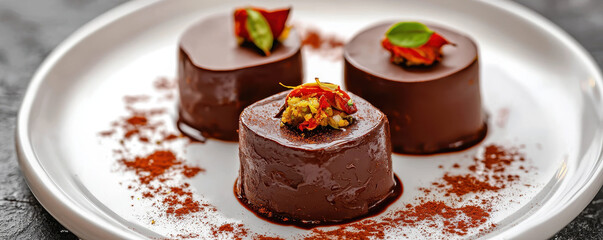 Three chocolate desserts garnished with spices and herbs on white plate