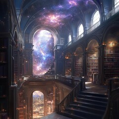 図書館　光　星雲　本棚　階段