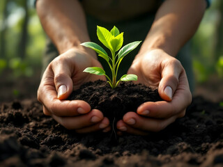 Fototapeta premium Hands Gently Holding a Young Green Seedling in Rich Soil, Symbolizing Growth, Sustainability, and Environmental Care 