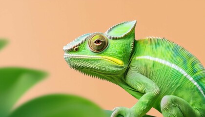 Obraz premium chameleon of the color green isolated pastel background chameleon banner with text copy space generative ai