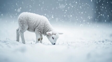 A fluffy white lamb grazes in a snowy field during a gentle snowfall