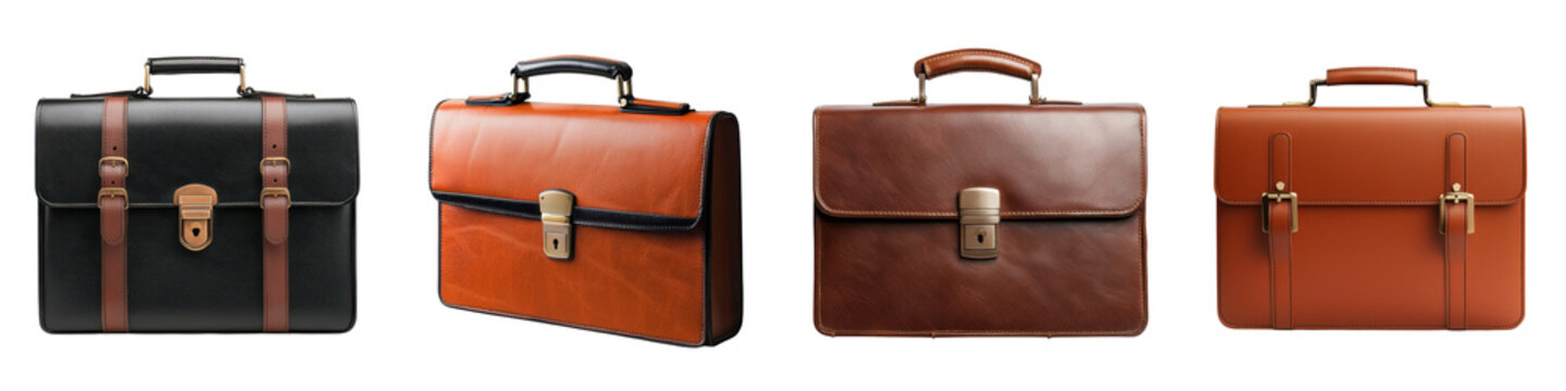 Collection of different leather briefcases portfolios and suitcases in various colors and styles suitable for professional office and business use