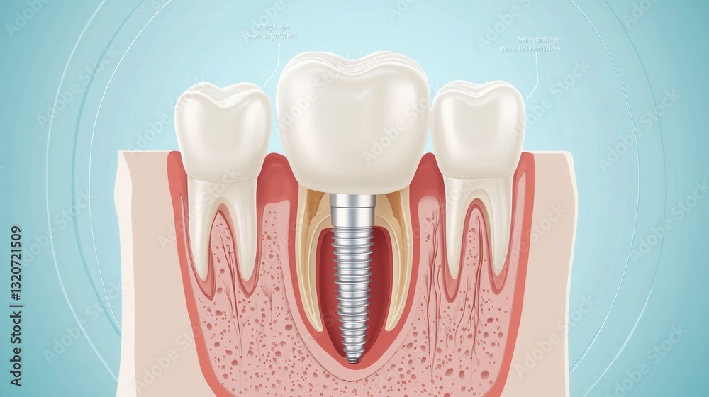 Poster Cross-section of tooth implant showing detailed anatomy and components within the gum using smooth gradients and blue tones