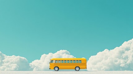 A yellow school bus drives across a fluffy white cloud landscape under a vibrant blue sky