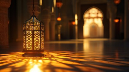 Ornate lantern illuminates a grand, dimly lit interior space with arched doorways and reflective floors