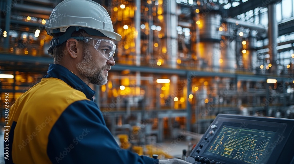 Leinwandbilder An engineer monitors advanced control systems in a busy petrochemical refinery. The facility features industrial automation with large processing equipment and glowing machinery in the background.