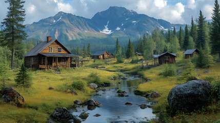 A scene of Alaskan gold rush history, with a wooden mining camp set against a backdrop of rugged mountains and pine forests.