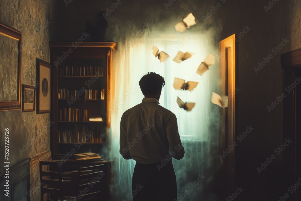 Poster a person standing near a bookshelf with books stacked high