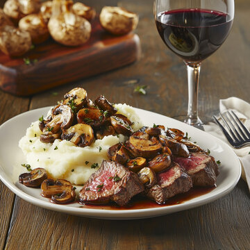 Seared steak with mushroom gravy, served over creamy mashed potatoes