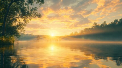 Obraz premium A dreamy sunrise over a calm lake, holy light shining through, and spiritual warmth