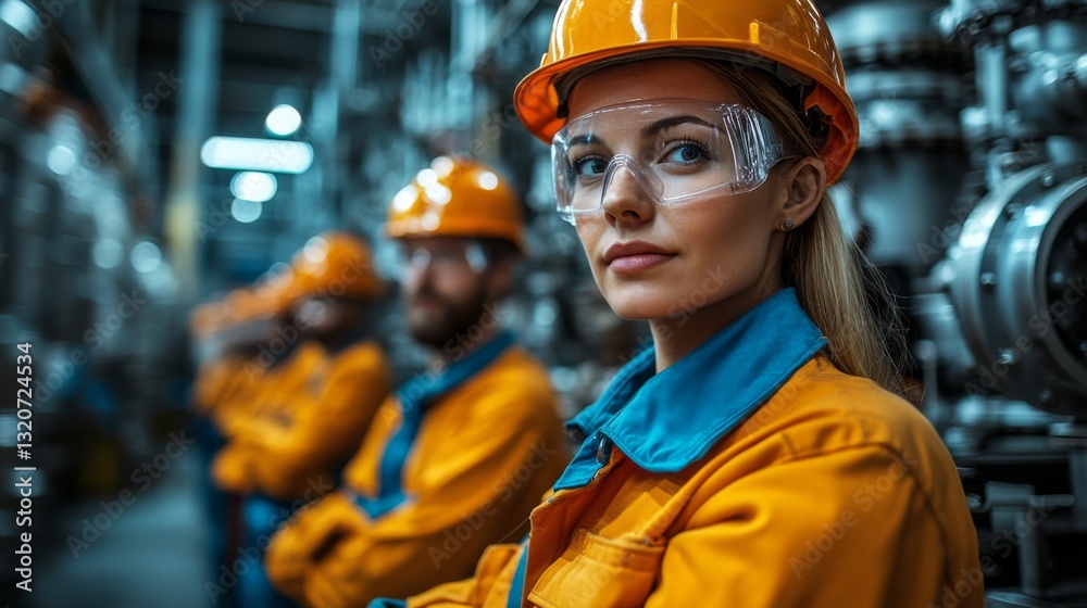 Poster professionals in safety gear focus on their tasks in a petrochemical refinery. they monitor equipmen