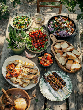 Rustic outdoor feast: grilled meats, vibrant salads, and crusty bread