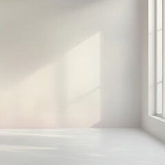 Fototapeta premium Bright minimalist interior with sunlit white wall and window creates serene space for creative projects